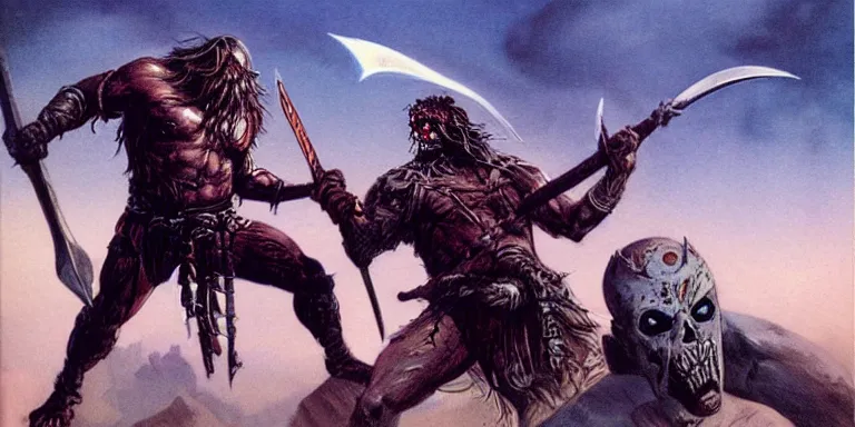 Image similar to the undead barbarian warrior fights a god, night scene, concept art by boris vallejo and michael whelan