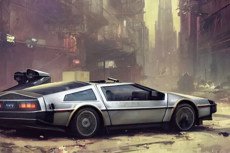 Image similar to photograph of the delorean, with a sleek spoiler, driving down the streets of a cyberpunk abandoned city, by greg rutkowski, by stanley artgerm, by alphonse mucha