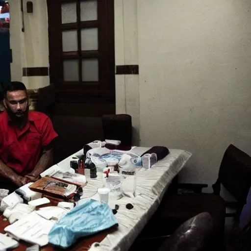 Prompt: druglord sitting at his table after police arrested him, there are seized drugs on the table, dimly lit scene