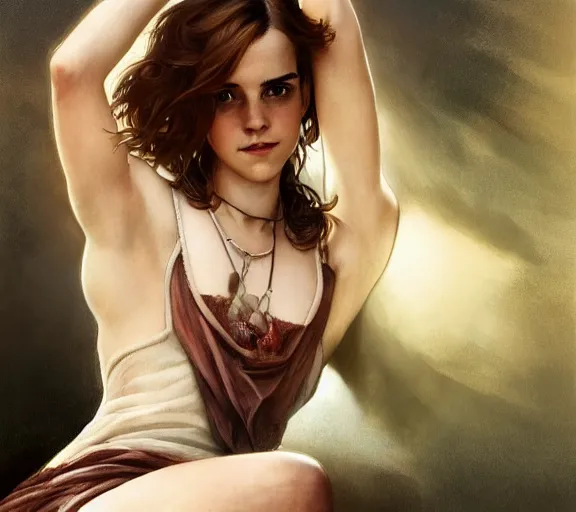 Prompt: photography of hairy emma watson with hands - up, deep focus, intricate, elegant, highly detailed, digital painting, artstation, concept art, matte, sharp focus, illustration, art by artgerm and greg rutkowski and alphonse mucha and gil elvgren