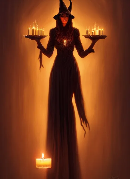 Prompt: portrait of a satanic witch standing and holding a candle, intricate, elegant, glowing lights, highly detailed, digital painting, artstation, glamor pose, concept art, smooth, sharp focus, illustration, art by artgerm and greg rutkowski, artey freytag