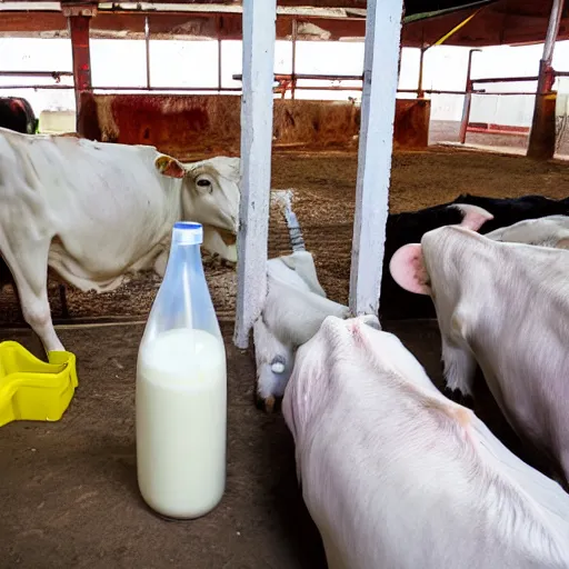 Prompt: bottle of milk and a cow, inside slaughterhouse