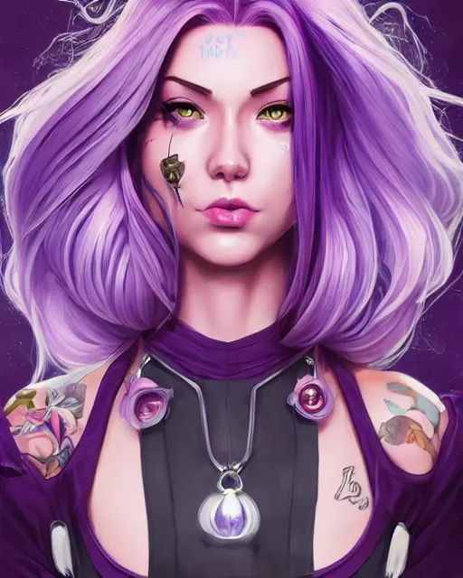 Prompt: beautiful female purple hair tattoo symmetrical face eyes twitch streamer full length fantasy art jynx league of legends Video game icon, 2d game art gta5 cover , official fanart behance hd artstation by Jesper Ejsing, by RHADS, Makoto Shinkai and Lois van baarle, ilya kuvshinov, rossdraws