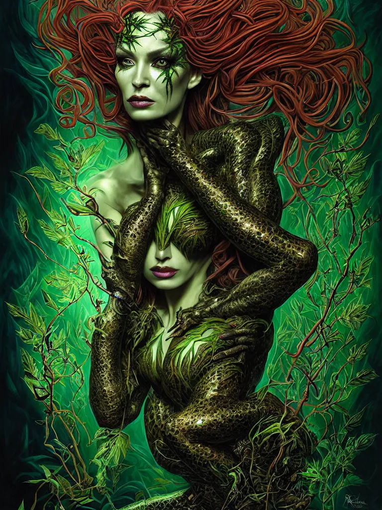 Prompt: cinematic fullbody portrait. complex hyper-maximalist overdetailed cinematic cosmic scifi portrait of an elegant very attractive but wild and dangerous reptilian goddess by andrei riabovitchev, tomasz alen kopera, oleksandra shchaslyva. Omnious intricate. Secessionist portrait illustration. Poison goddes. Slightly Reminds to poison ivy. Focus on face. Artstation. Deviantart. 8k 4k 64megapixel. Rendered by binx.ly.