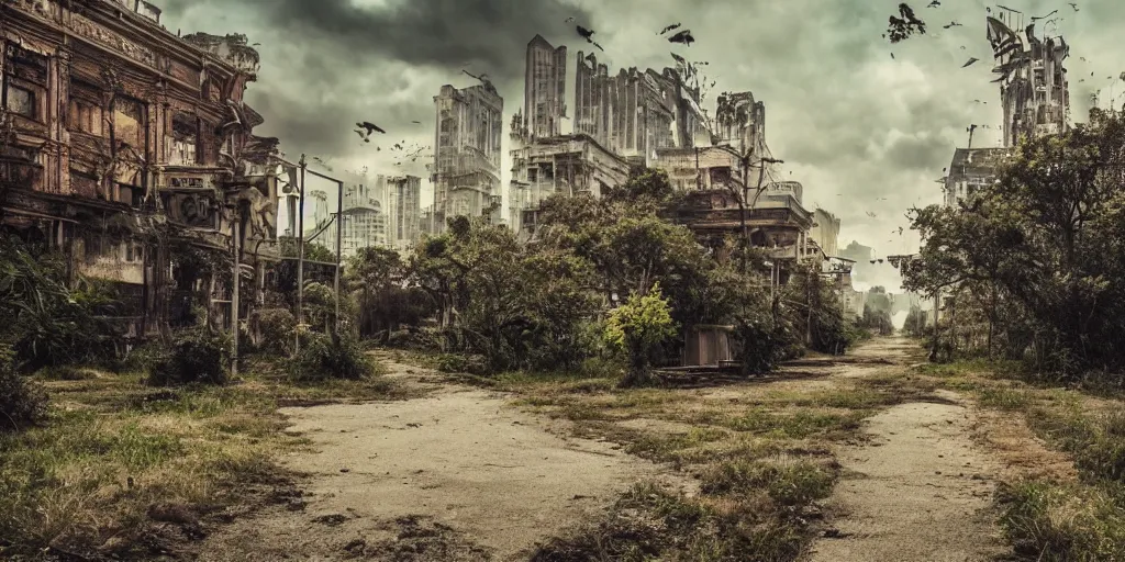 Image similar to abandoned city reclaimed by nature, cinematic shots, smooth light ing, happy, calm