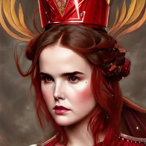 Image similar to beautiful Zoey Deutch as The Red Queen, Blodreina, sci-fi, closeup, D&D, fantasy, intricate, elegant, highly detailed, digital painting, artstation, concept art, matte, sharp focus, illustration, art by Artgerm and Greg Rutkowski and Alphonse Mucha