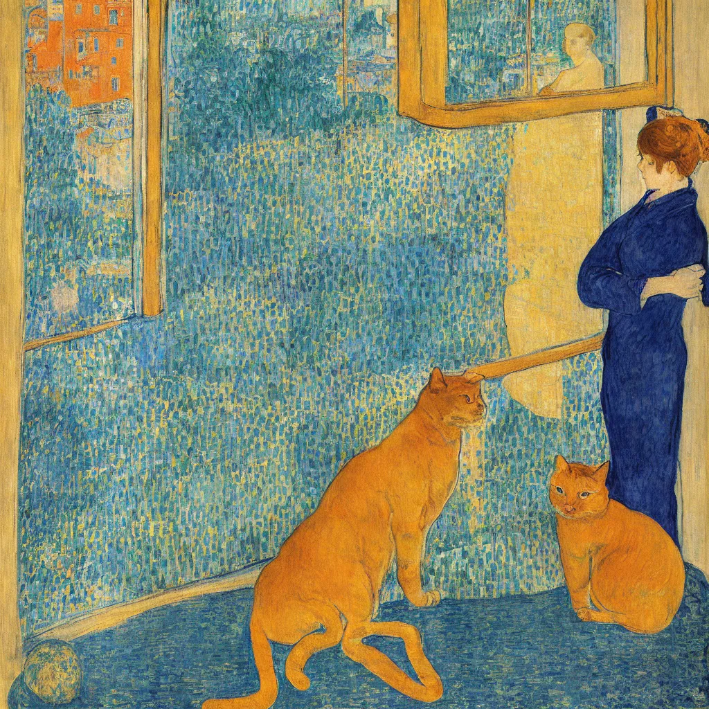 Image similar to woman and golden cat with italian city with gardens seen from a window frame with curtains. dark indigo blue, turquoise, gold, earth brown. sunset. bonnard, henri de toulouse - lautrec, utamaro, matisse, monet