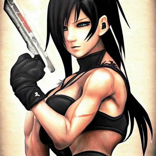 Image similar to high quality art of tifa lockhart with tattoos, flexing, trending on artstation