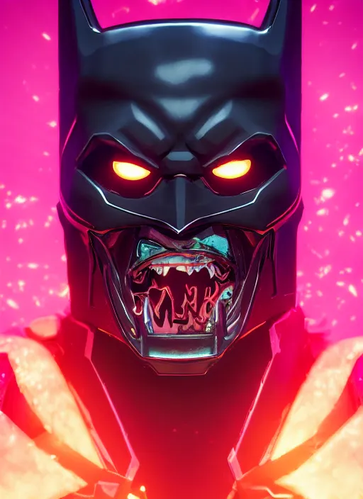 Image similar to glowwave portrait of batman who laughs from overwatch, au naturel, hyper detailed, digital art, trending in artstation, cinematic lighting, studio quality, smooth render, unreal engine 5 rendered, octane rendered, art style by klimt and nixeu and ian sprigger and wlop and krenz cushart.