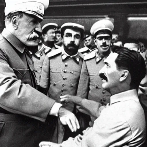Prompt: stalin shows hand to burger