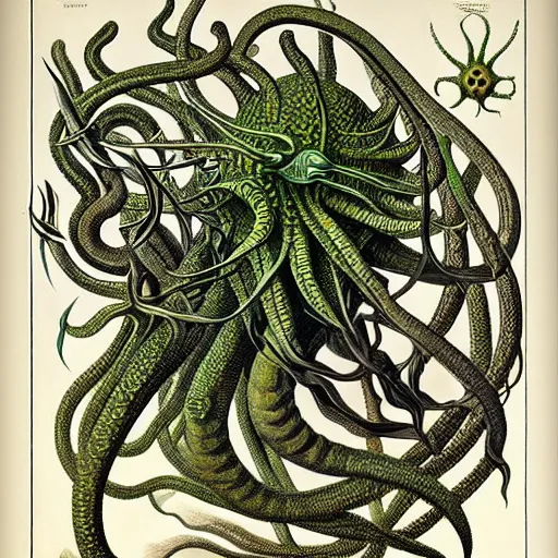 Image similar to hyperrealistic detail atlas of cthulhu creatrues by james audubon ernst haeckel