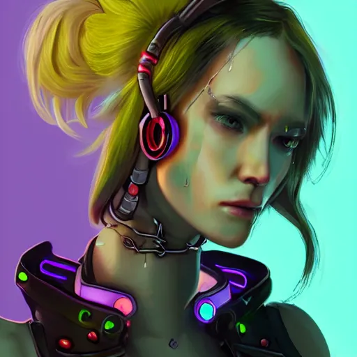 Image similar to female character cyberpunk wearing technological collar around neck, realistic, art, beautiful, 4K, collar, choker, collar around neck, punk, artstation, detailed, female, woman, choker, neon,