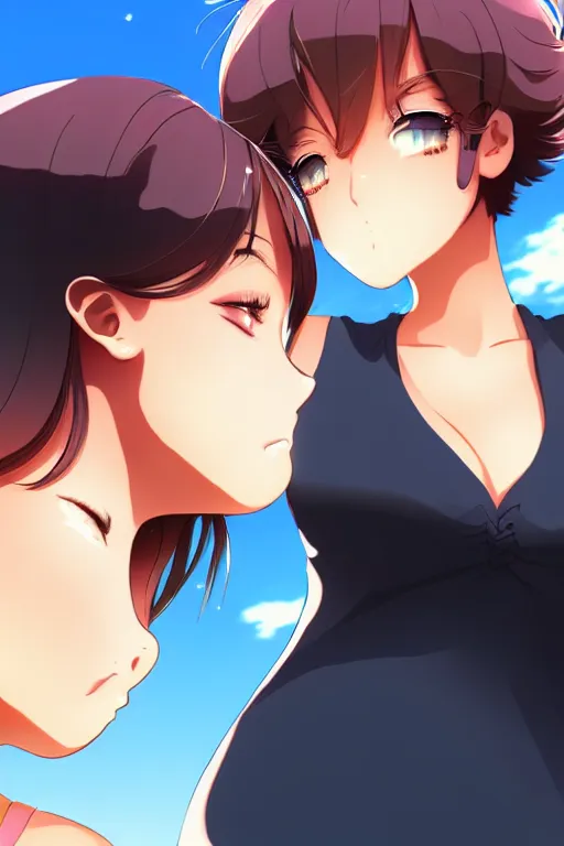 Prompt: two beautiful mothers with short hair outside on a hot summer evening, gorgeous faces, thick lines, cinematic lighting, detailed anime art