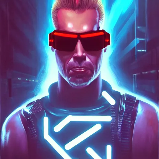 Image similar to a portrait of cyberpunk Duke Nukem wearing reflective surface mirror surface shades mirrorshades, Night City, cyberpunk 2077, neon megacity in the background, angry and bored, illustration, soft lighting, soft details, painting oil on canvas by mark arian by artgerm, trending on artstation, 4k, 8k, HD