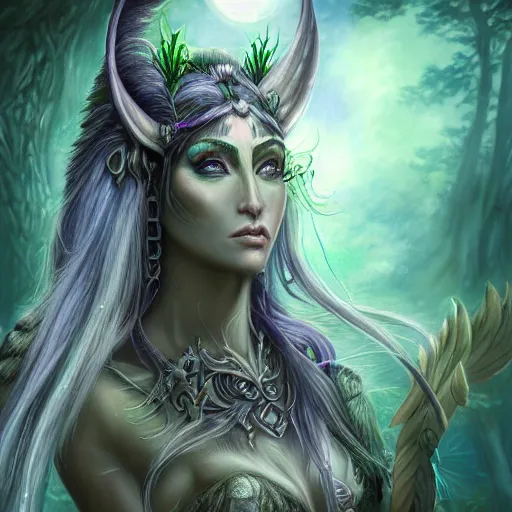 Image similar to masterpiece digital painting portrait of tyrande whisperwind, close view, moonlight, elf forest background, at night, by luis royo, warcraft, artstation, deviantart, unreal engine, 8 k, cinematic lights