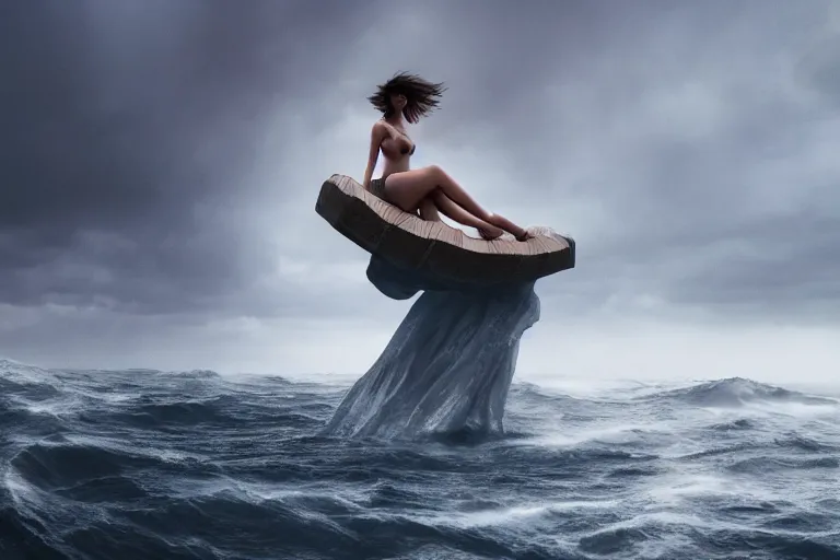 Prompt: A beautiful woman on a giant open book in the middle of the ocean during a storm, dramatic lighting, cinematic, 8k HDR, highly detailed, high quality, octane render, unreal engine 5, path tracing, turbulent sea, concept art, trending on Artstation