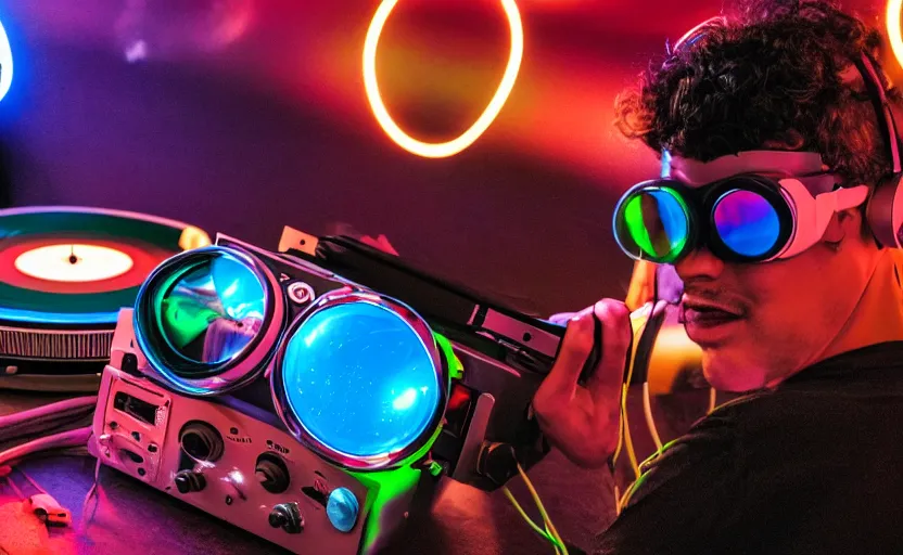 Image similar to a person wearing goggles and visor and headphones using a retro record player contraption, wires and tubes, turntablism dj scratching, intricate planetary gears, cinematic, imax, sharp focus, leds, bokeh, iridescent, black light, fog machine, hazy, lasers, hyper color digital art