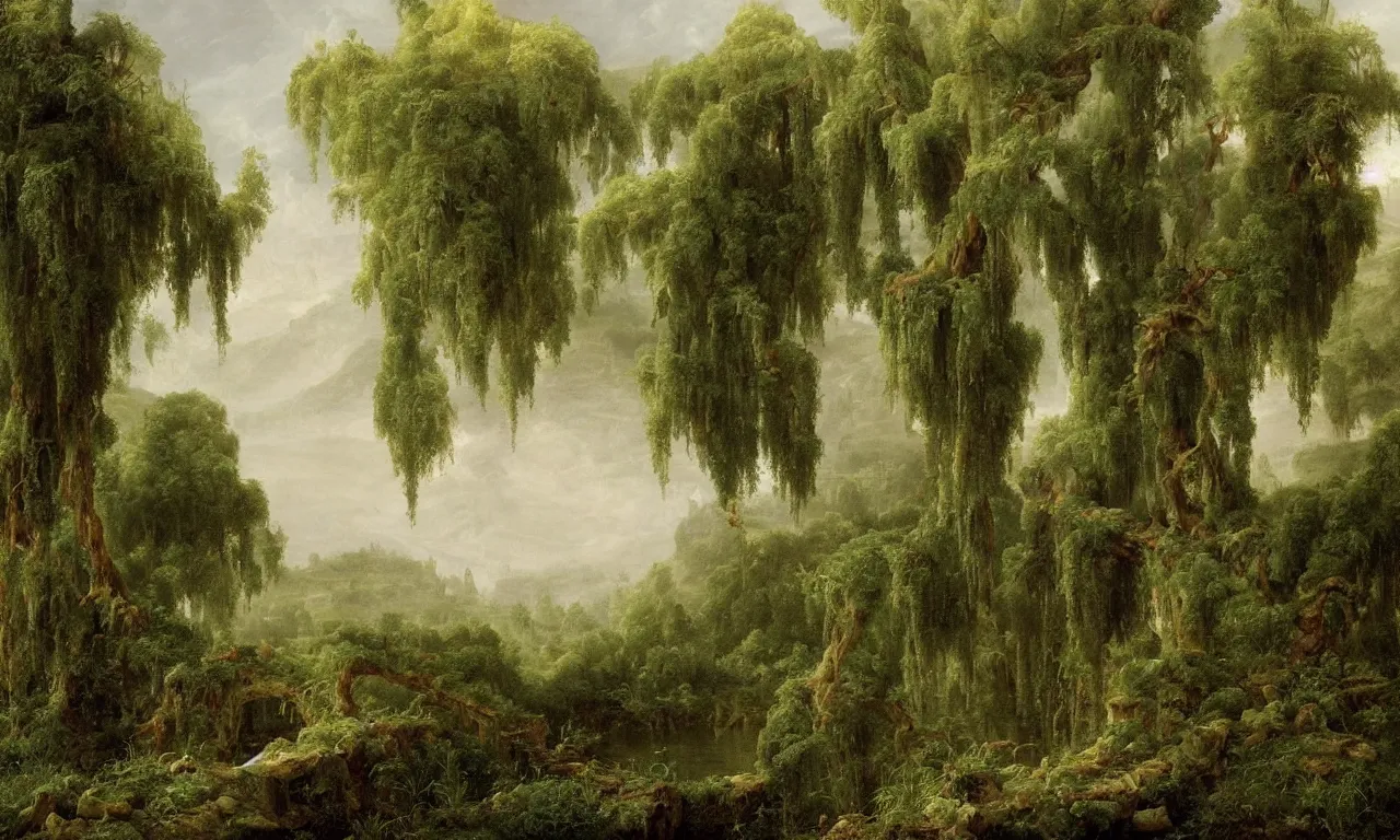 Prompt: antique ruined city, landscape by weeping willows, misty garden, thomas cole, lord of the ring, intricate details