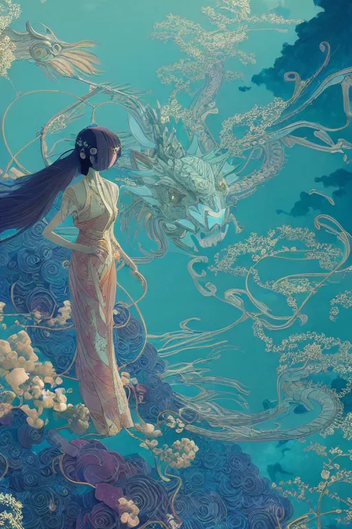 Image similar to a beautiful hyperdetailed character design 4 k wallpaper illustration of cyan dragon victo ngai, from china, style of studio ghibli, makoto shinkai, raphael lacoste, louis comfort tiffany, denoise, deblurring, artgerm, xision, james jean, ross tran, chinese style