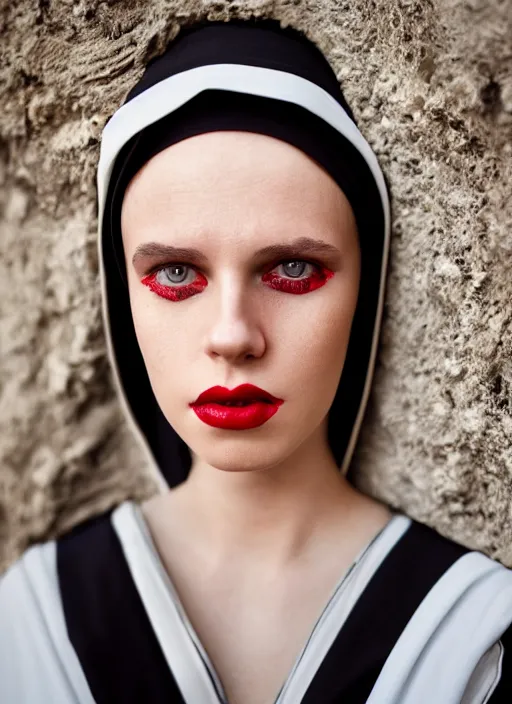 Image similar to closeup portrait of a young gothic nun with bright red lipstick, depth of field, zeiss lens, detailed, symmetrical, centered, fashion photoshoot, by Annie Leibovitz and Steve McCurry, David Lazar, Jimmy Nelsson, Breathtaking, 8k resolution, extremely detailed, beautiful, establishing shot, artistic, hyperrealistic, beautiful face, octane render