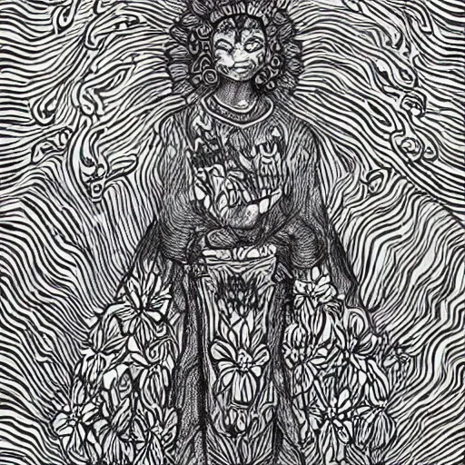 Image similar to black and white pen and ink!!!!!!! Suprani!!!!! wizard Nick Drake wearing High Royal flower print robes flaming!!!! final form flowing ritual royal!!! Contemplative stance Vagabond!!!!!!!! floating magic swordsman!!!! glides through a beautiful!!!!!!! Camellia!!!! Tsubaki!!! death-flower!!!! battlefield behind!!!! dramatic esoteric!!!!!! Long hair flowing dancing illustrated in high detail!!!!!!!! by Hiroya Oku!!!!!!!!! graphic novel published on 2049 award winning!!!! full body portrait!!!!! action exposition manga panel black and white Shonen Jump issue by David Lynch eraserhead and beautiful line art Hirohiko Araki!! Frank Miller, Kentaro Miura!, Jojo's Bizzare Adventure!!!! 3 sequential art golden ratio technical perspective panels horizontal per page