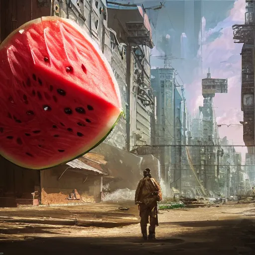 Image similar to Concept Digital Art Highly detailed Giant Watermelon war machine protecting Ukrainian village designed by Taras Shevchenko from intruders. By Stephen Hickman and Beeple. Very highly detailed 8K,Pentax 67, Kodak Portra 400 in style of Hiromasa Ogura Ghost in the Shell, the golden ratio, rational painting