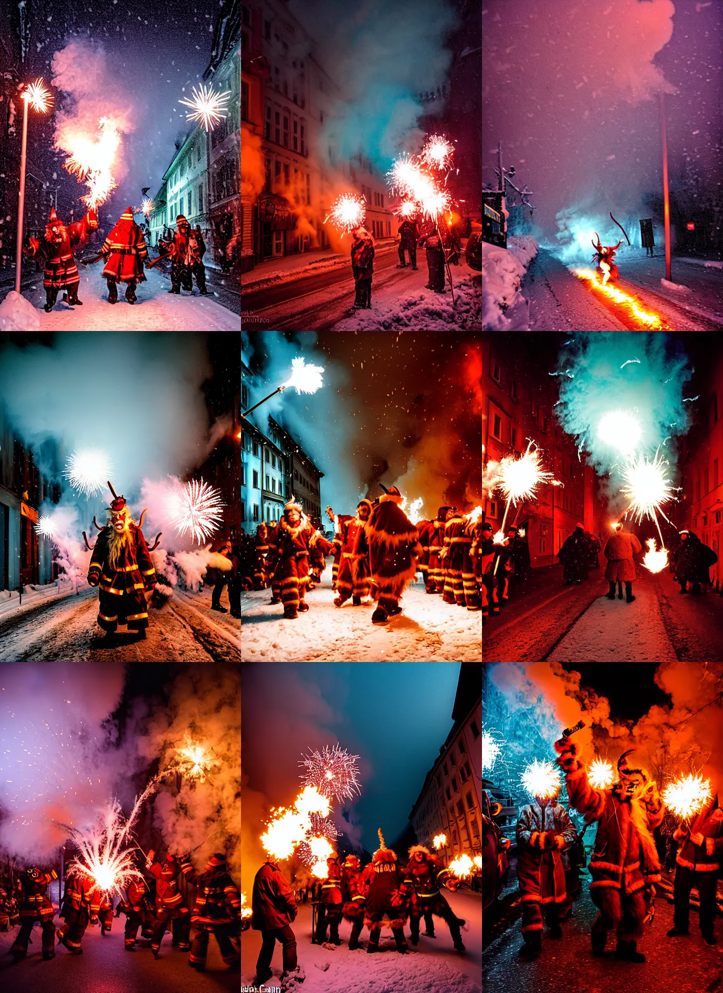 Image similar to kodak portra 4 0 0, winter, snowflakes, hellfire chaos, award winning dynamic photo of a bunch of hazardous krampus between exploding fire barrels by robert capas, motion blur, in a narrow lane in salzburg at night with colourful pyro fireworks and torches, teal lights