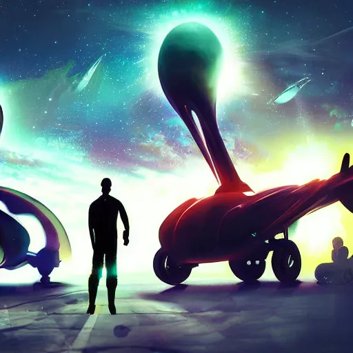 Prompt: A colorful painting of humanoid Aliens of the Sun on a space planet environment with futuristic vehicles, inspired by Keith Mallett, digital art, extremely moody lighting, glowing light and shadow, atmospheric, shadowy, cinematic