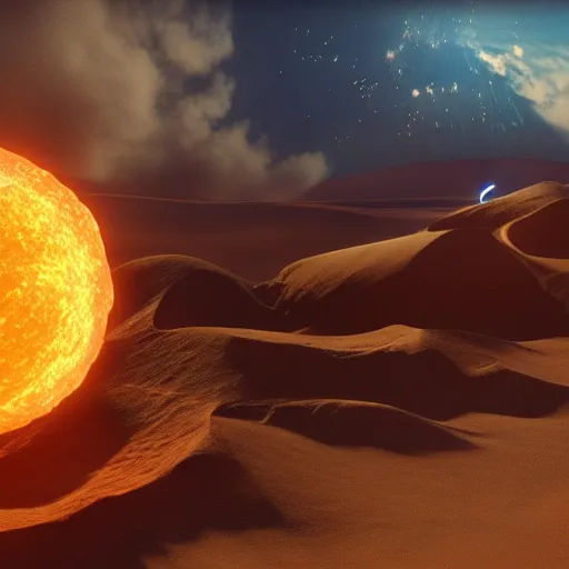 Image similar to the creation of the first atom, vivid colors, unreal engine 5, cinematic, dune movie effects, beautiful