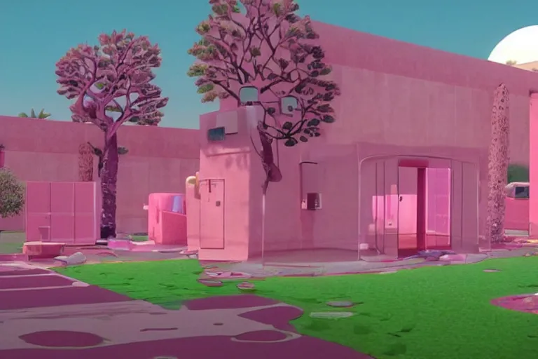 Prompt: desert oasis in a translucent pink casing electronic environment, ps 3 screenshot, still from a kiyoshi kurosawa movie, sanrio core