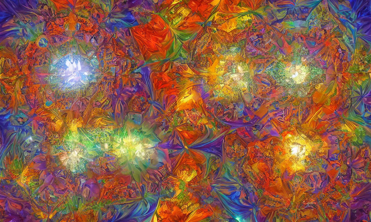 Image similar to voronoi engine laboratory 3 d volume kaleidoscope mandala fractal chakra digital multicolor stylized concept substance by artgerm, rossdraws, norman rockwell, magali villeneuve, gil elvgren, alberto vargas, earl moran, enoch bolles radiating a glowing aura global illumination ray tracing hdr