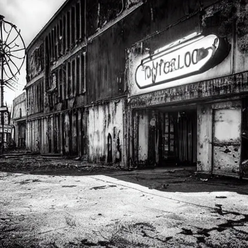 Image similar to black and white, old polaroid of dilapidated fallout 5 europa, temperate european hamlet, desolate, dilapidated neon signs, few rusted retro futuristic vintage parked vehicles, volumetric lighting, photorealistic!!!, daytime, autumn, gloomy weather, ultra detailed!!!