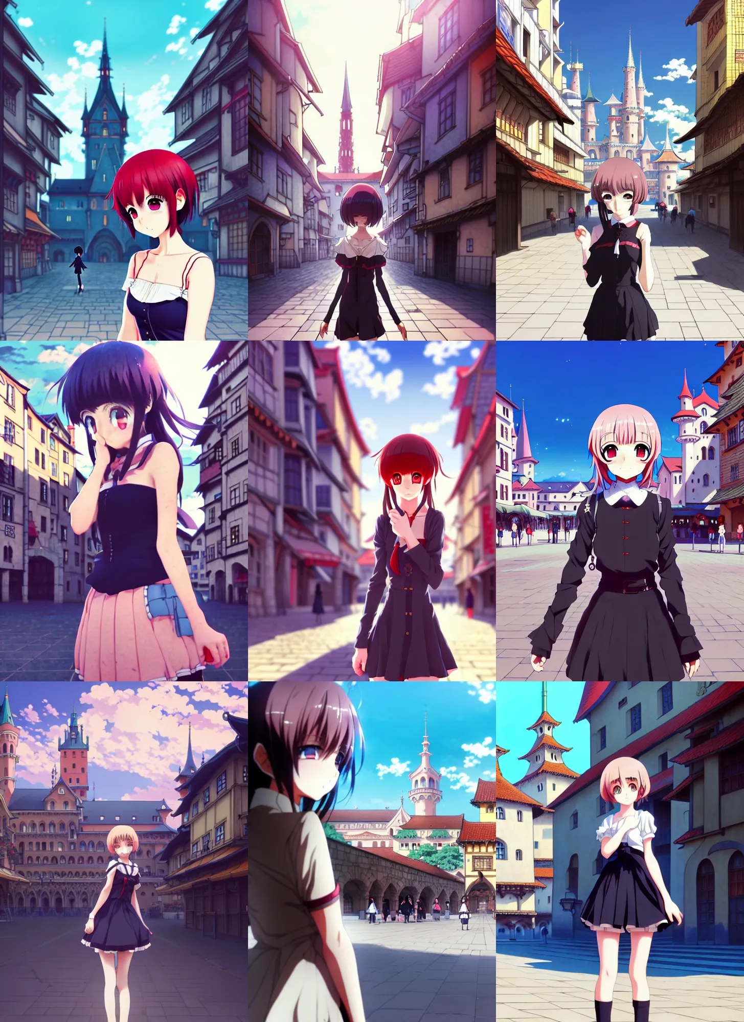 Prompt: anime frames, anime visual, full body portrait of a young woman in the medieval city square looking at the fantasy palace in the distance, cute face by ilya kuvshinov, masakazu katsura, dynamic pose, dynamic perspective, rounded eyes, moody, kyoani, yoh yoshinari