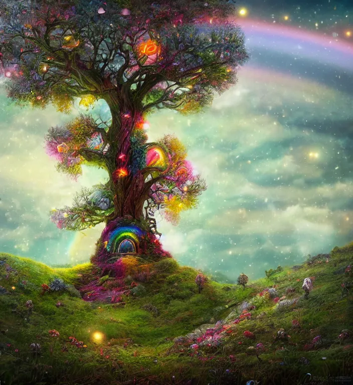 Prompt: magical rainbow tree on a hill, nicoletta ceccoli, mark ryden, lostfish, max fleischer, depth of field, detailed and intricate victorian environment, 8 k resolution, fireflies, hyperrealistic, octane render