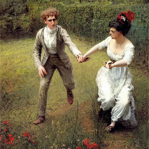 Prompt: young victorian man and woman traversing a maze, painted by alfred stevens