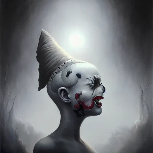 Image similar to By Tom Bagshaw, ultra realist soft painting of a curiosities carnival by night, Clown, horror, omnious sky, symmetry accurate features, very intricate details, black and white, volumetric light clouds