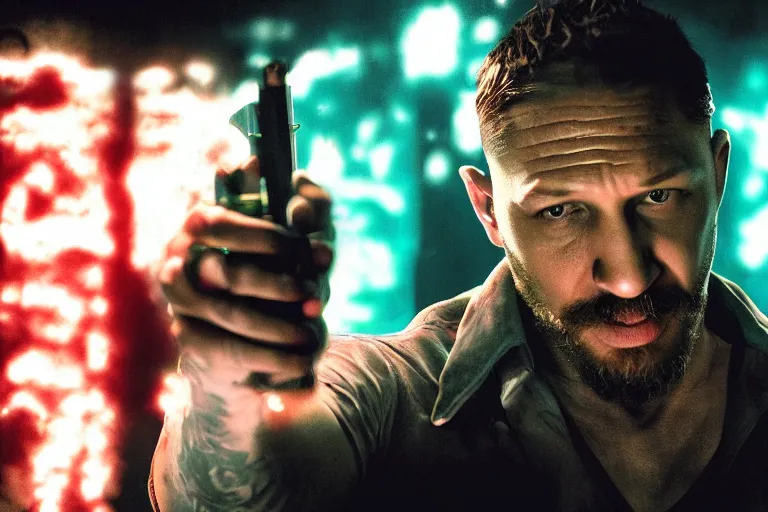 Image similar to film still of Tom Hardy as Max Payne in a nightclub with bright contrasting strobe lights in the Max Payne movie, 4k