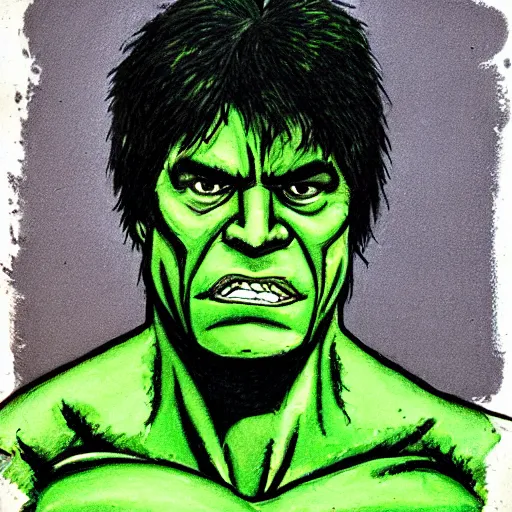 Prompt: self-portrait of the Incredible Hulk, green crayon