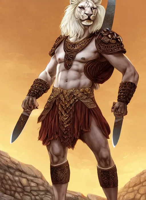 Image similar to aesthetic portrait commission of a of a male fully furry muscular anthro albino lion with a tail and a beautiful attractive hyperdetailed face, wearing ancient roman attractive gladiator outfit while holding a gladiators sword in his hand in a giant roman coliseum at golden hour. Character design by charlie bowater, ross tran, artgerm, and makoto shinkai, detailed, inked, western comic book art, 2021 award winning film poster painting