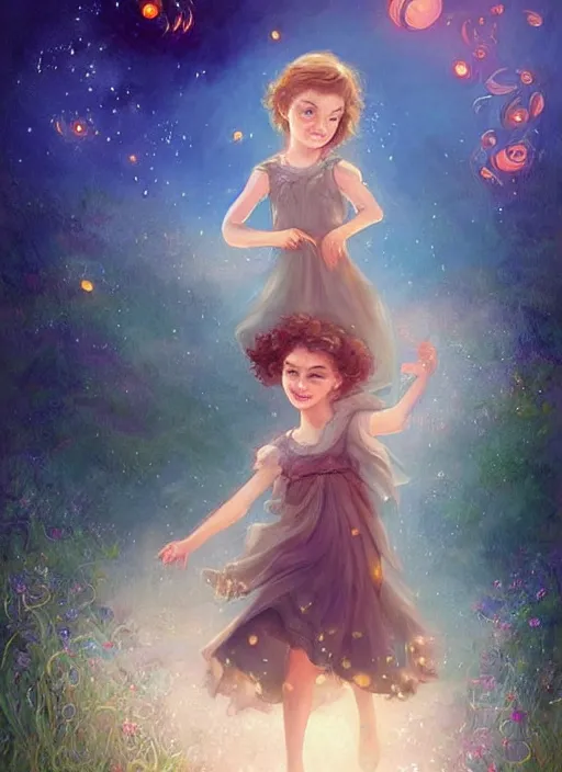 Prompt: A cute little girl with short curly brown hair with a happy expression wearing a summer dress dancing with fireflies, she is in the distance. beautiful fantasy art by Charlie Bowater.