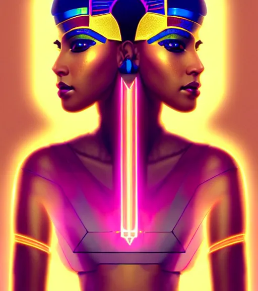 Image similar to symmetry!! egyptian princess of technology, solid cube of light, hard edges, product render retro - futuristic poster scifi, lasers and neon circuits, brown skin gorgeous egyptian princess, intricate, elegant, highly detailed, digital painting, artstation, concept art, smooth, sharp focus, illustration, dreamlike, art by artgerm