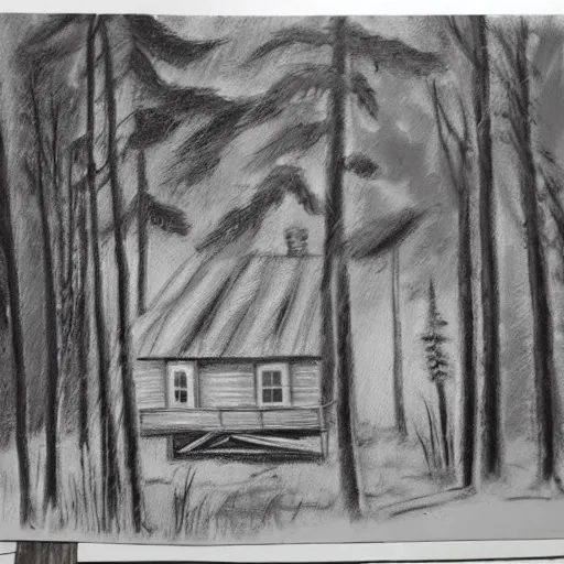 Prompt: a painting of a eerie cabin in the middle of the woods in the style of a charcoal sketch