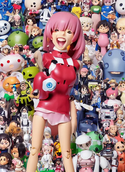 Prompt: a hyperrealistic caricature of a kawaii mecha musume anime girl figurine with a big dumb bucktooth grin featured on wallace and gromit by arthur szyk in the style of madballs
