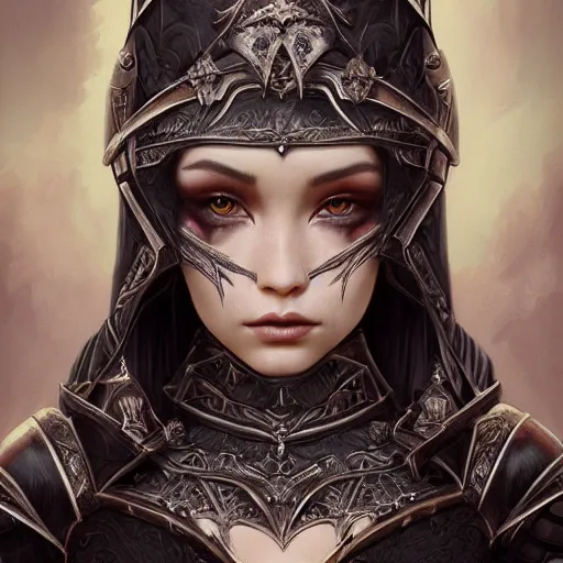 Prompt: tom bagshaw, very beautiful genetic mix of dove cameron madison beer bella poarch in a gorgeous dark fantasy warrior armor, ornaments, gothic makeup, professionally retouched, focus eyes, ultra realistic soft painting, insanely detailed linework, partial symmetrical accurate intricate features, behance artstation, 8 k