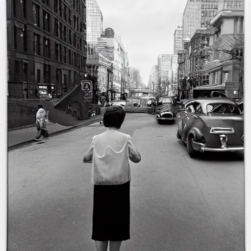 Image similar to street photography by vivian maier. professional photography.