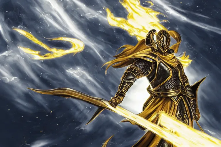 Image similar to an ultra detailed portrait of saladin as a shonen anime protagonist charging into battle wearing bright gold armor and huge flaming longsword blessed by god, epic anime fantasy, 8 k, volumetric lighting, smooth, highly detailed, digital illustration, art by kentaro miura and akira toriyama and artgerm