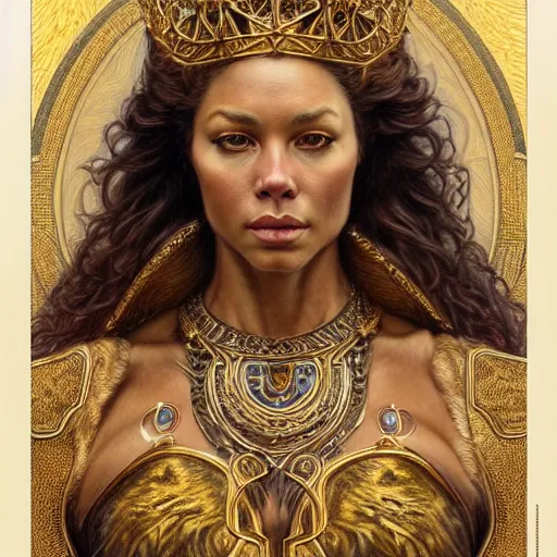 Prompt: highly detailed portrait of a majestic lioness queen in the form of a beautiful woman. d & d, art by donato giancola. trending on artstation, intricate details, energetic composition, golden ratio, concept art, illustration, elegant art, global illuminaition