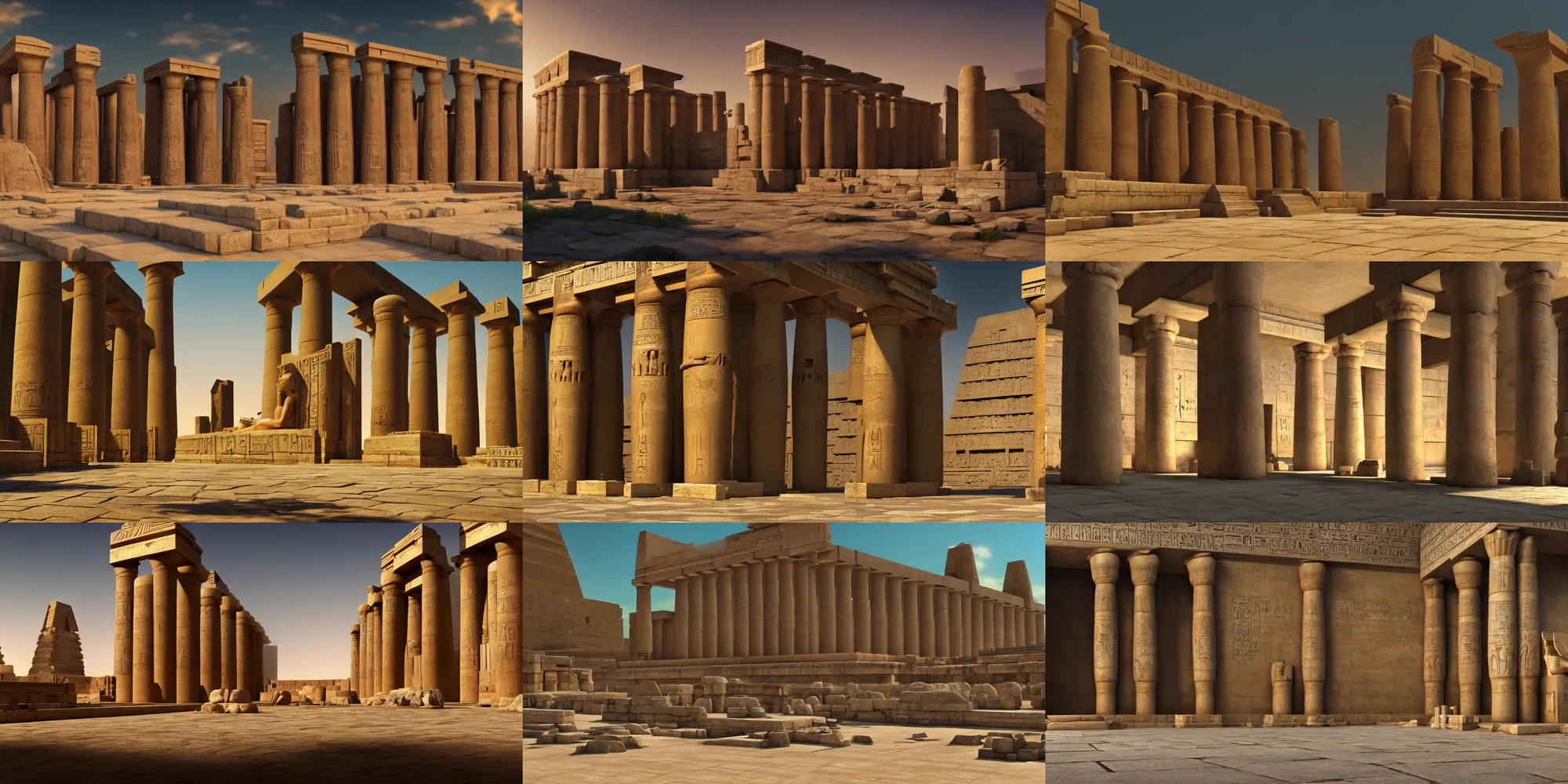 Prompt: beautiful ancient egyptian temple, photorealistic, octane render, rtx, hdr, unreal engine, widescreen 8 k, studio ghibli, pixar, disney