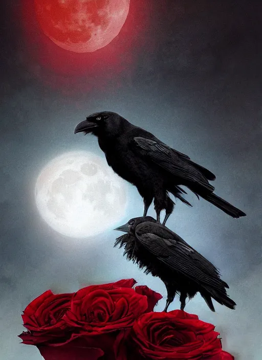 Prompt: portrait, A crow with red eyes in front of the full big moon, book cover, red roses, red white black colors, establishing shot, extremly high detail, photo-realistic, cinematic lighting, by Yoshitaka Amano, Ruan Jia, Kentaro Miura, Artgerm, post processed, concept art, artstation, raphael lacoste, alex ross, portrait, A crow with red eyes in front of the full big moon, book cover, red roses, red white black colors, establishing shot, extremly high detail, foto realistic, cinematic lighting, by Yoshitaka Amano, Ruan Jia, Kentaro Miura, Artgerm, post processed, concept art, artstation, raphael lacoste, alex ross