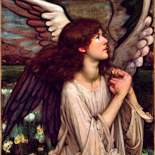 Image similar to An angel losing their wings calmly in the style of John William Waterhouse